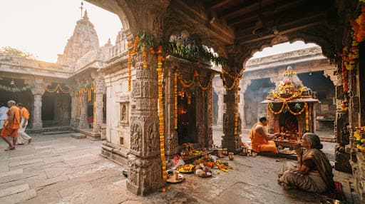 पीताम्बरी वस्त्रों से अलंकृत गर्भगृह की मूर्ति